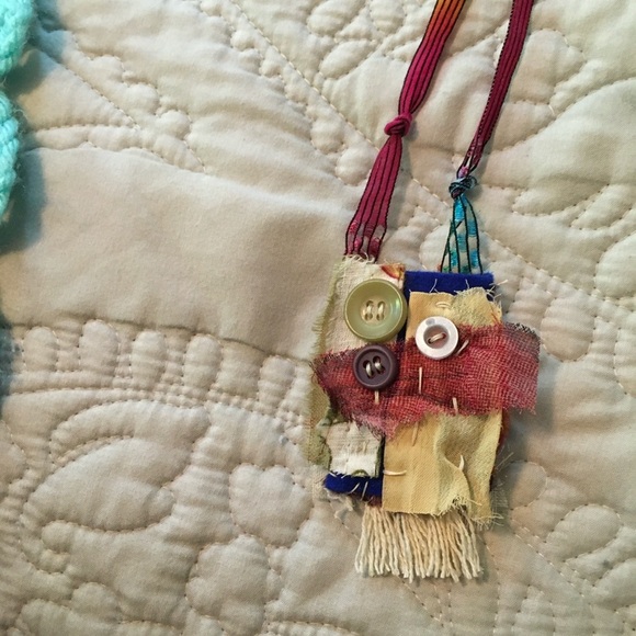 Boho Patchwork Fabric Button Amulet Necklace Art Handmade - Picture 2 of 10